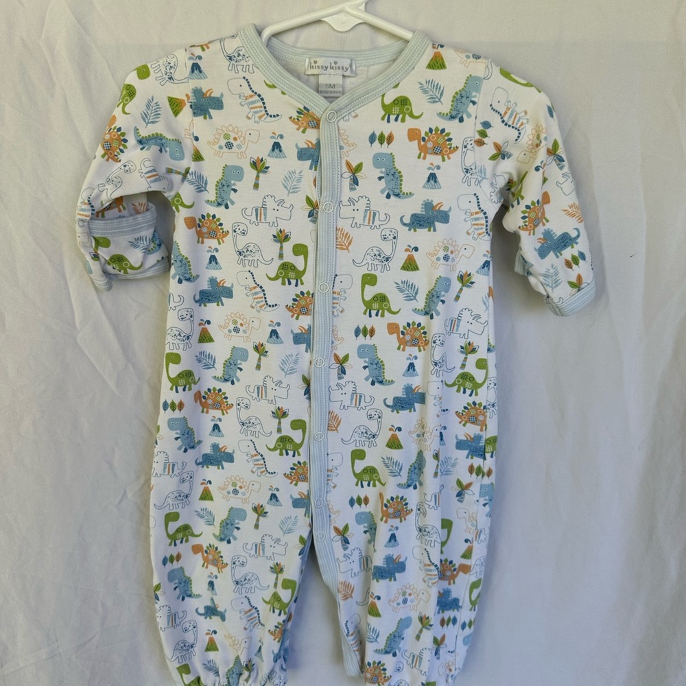 Kissy Kissy White One-Piece Footie with Blue, Green & Orange Dino Print